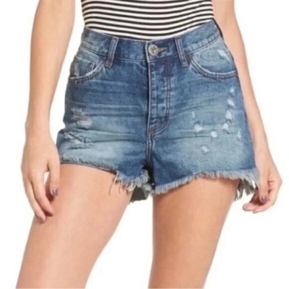 One Teaspoon High Waist Bonita Jean Shorts Blue Fringe Distressed Denim Cutoffs - Picture 1 of 15